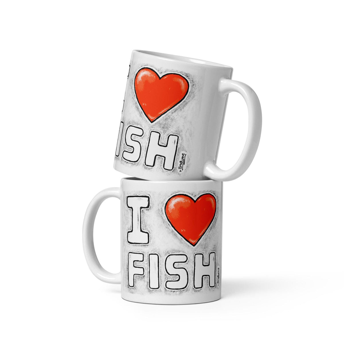 I Love Fish mugs stacked, from the back