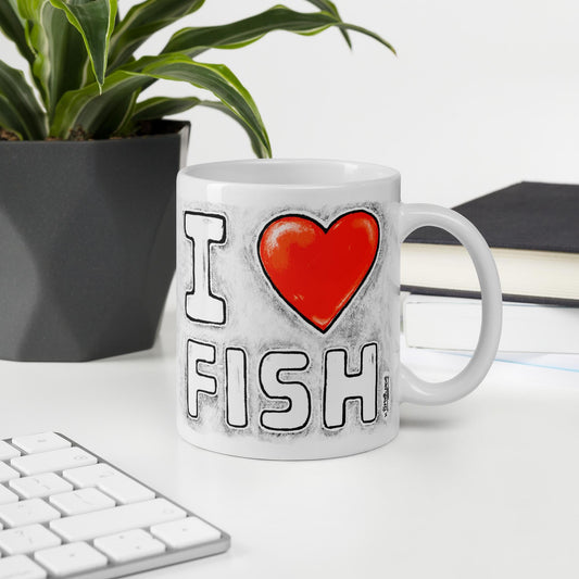 I Love Fish mug, 11 oz, with a plant and books