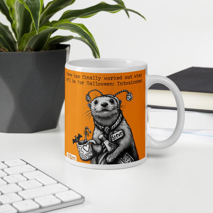 Intoxicated otter mug, 11 oz, on a desk with a plant and books: Steve's Halloween costume