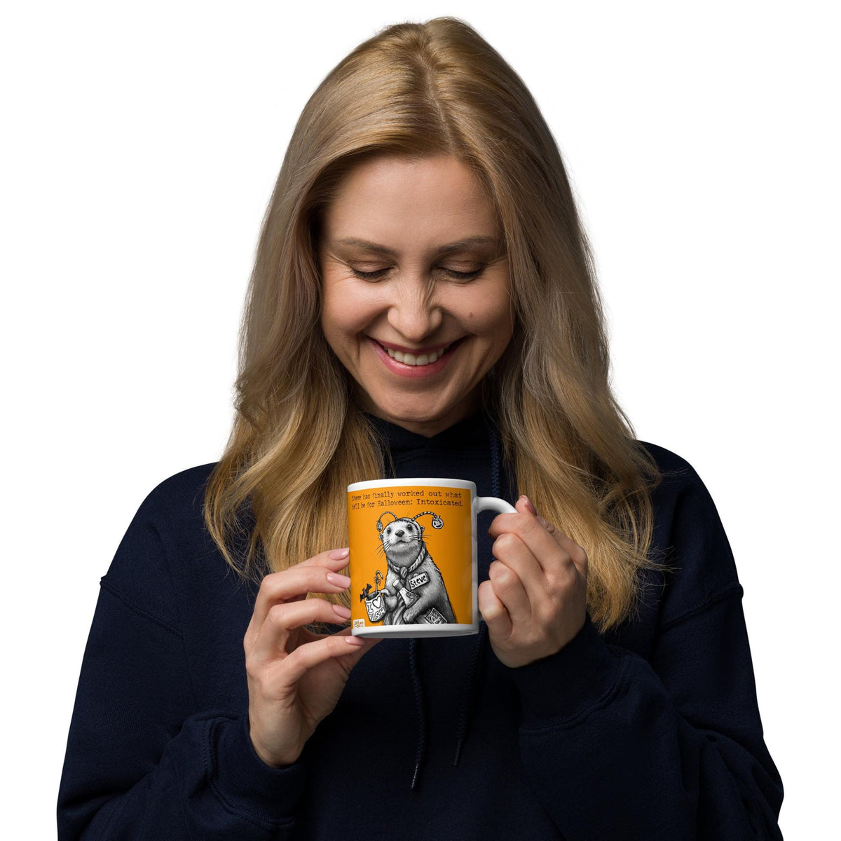 Woman enjoying a drink from the Intoxicated mug