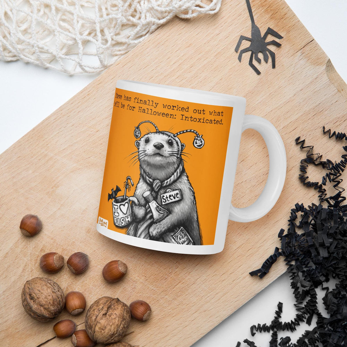 Intoxicated mug on a board with Halloween treats