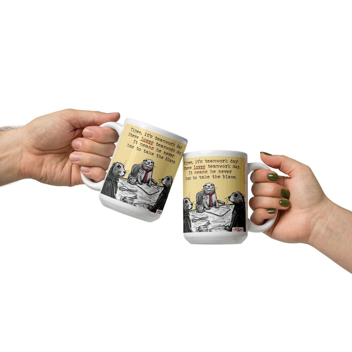 Two Teamwork mugs clinking together