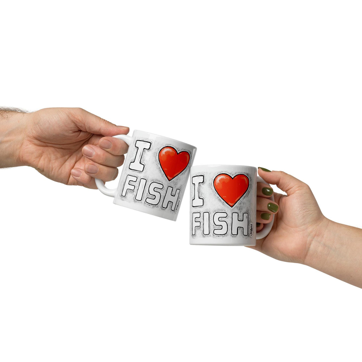 Two I Love Fish mugs clinking together