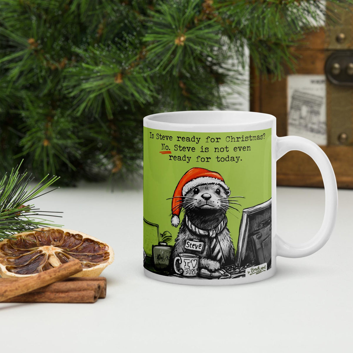 Ready For Christmas mug, 11 oz, in front of a Christmas tree