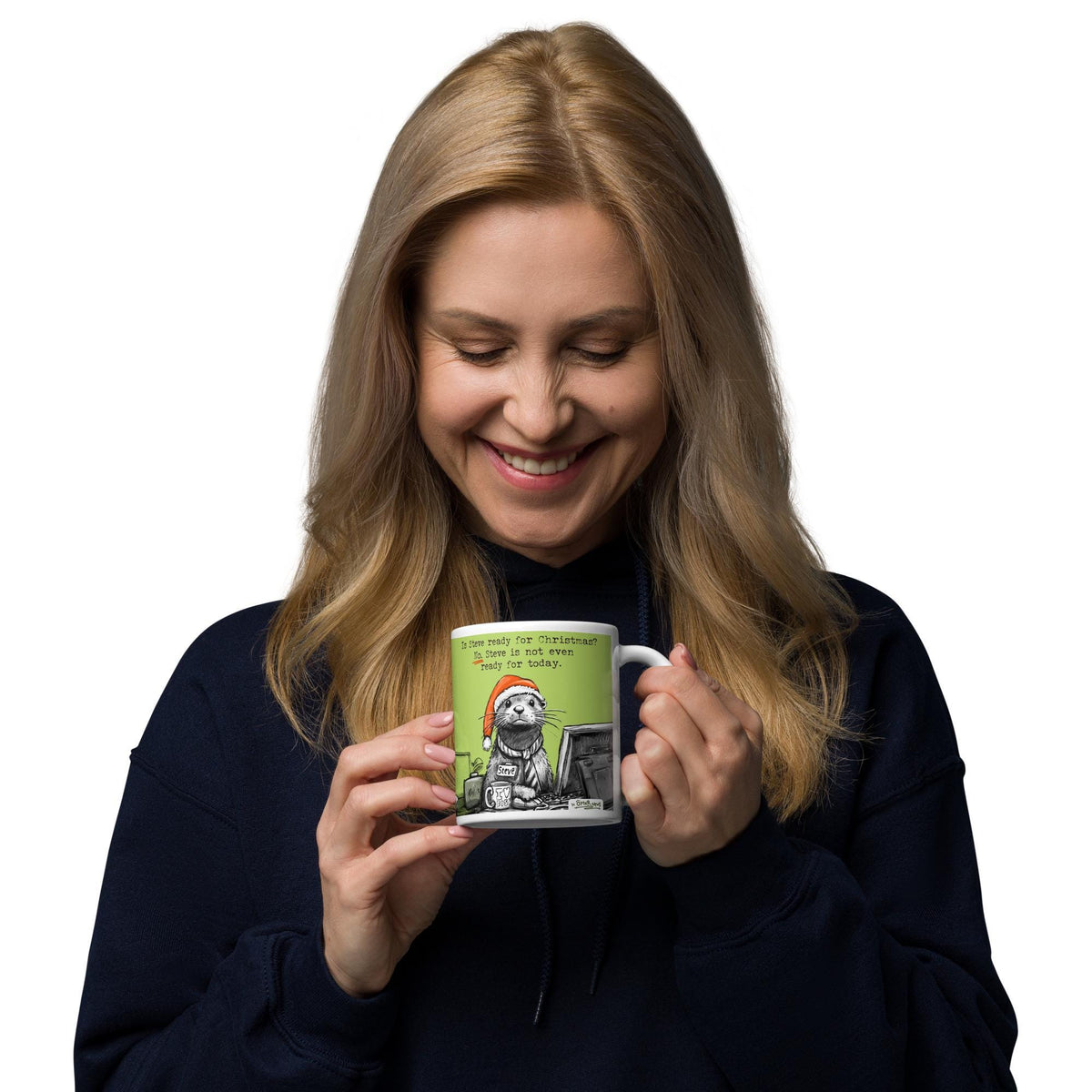 Woman enjoying a drink from the Ready For Christmas mug