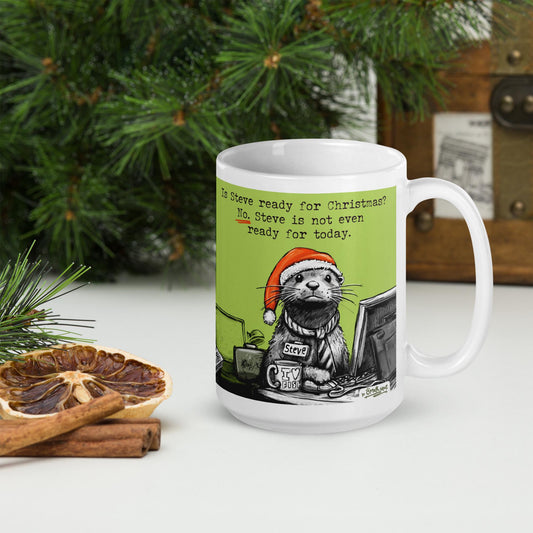 Ready For Christmas otter mug, 15 oz, in front of a Christmas tree