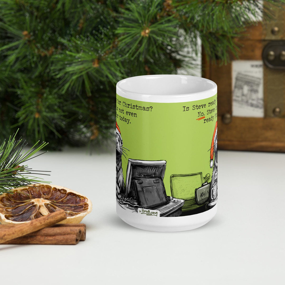 Ready For Christmas mug from the side, in front of a Christmas tree