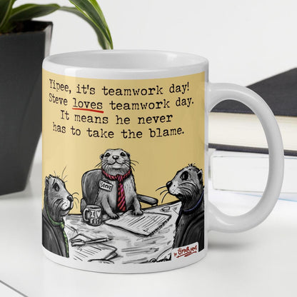 Teamwork otter mug, 11 oz, with a plant and books: Steve loves teamwork day