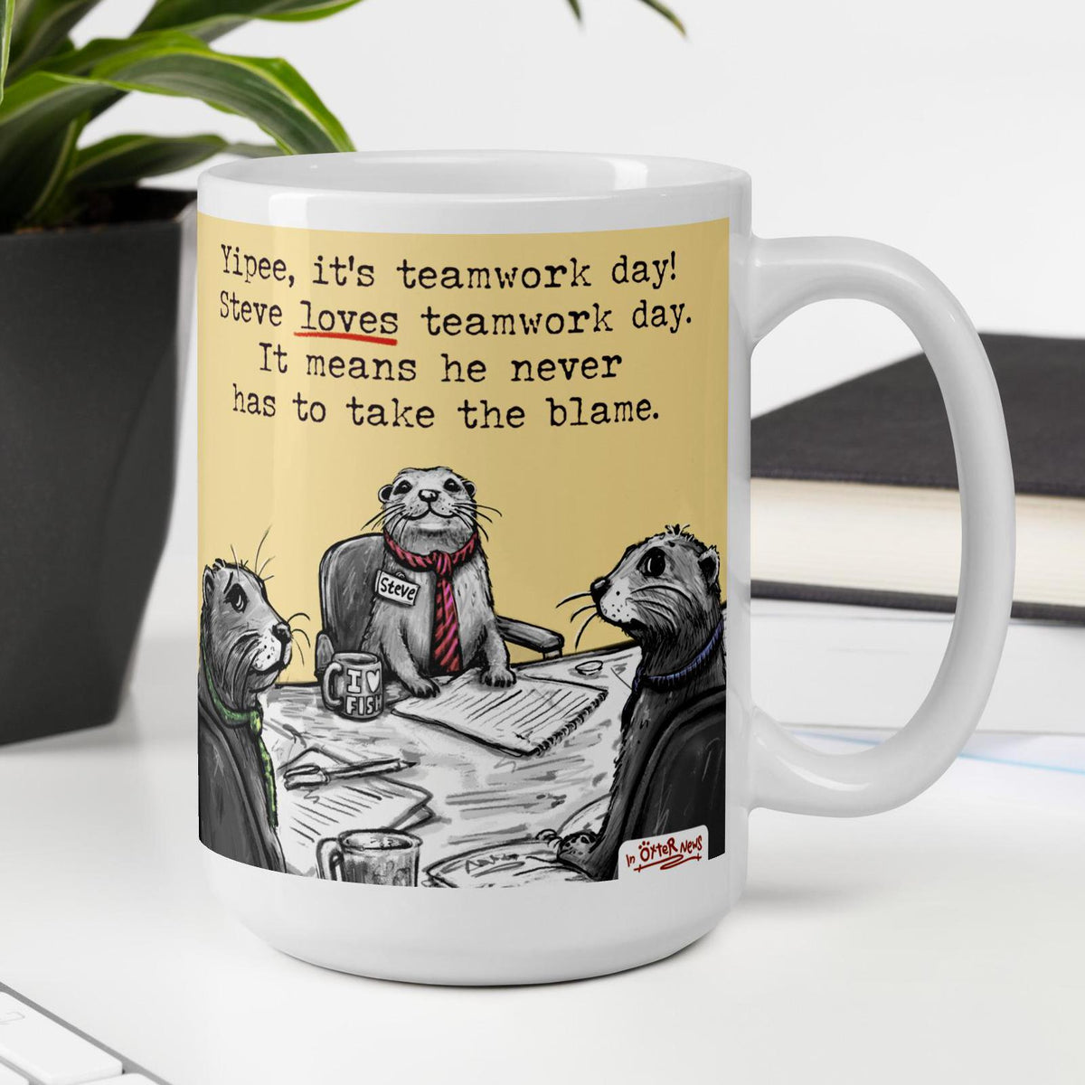 Teamwork otter mug, 15 oz, with a plant and books