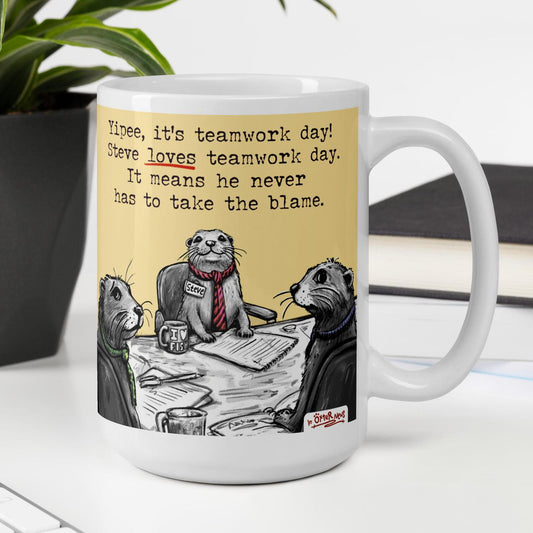 Teamwork otter mug, 15 oz, with a plant and books