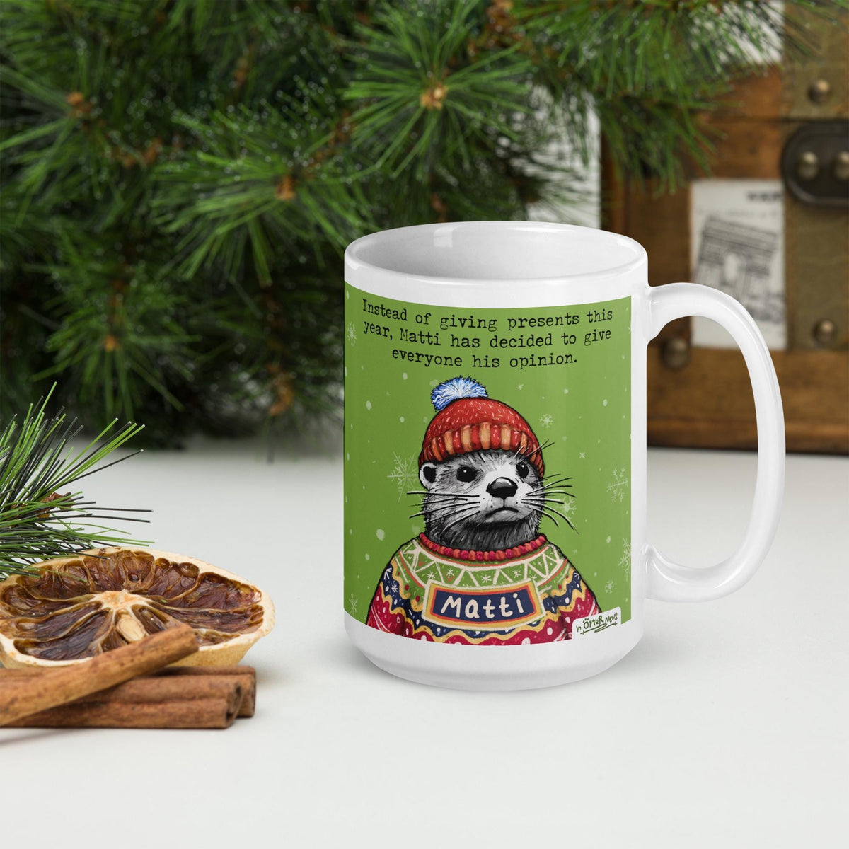 Custom Christmas Opinions Mug, example with the name Matti, close up
