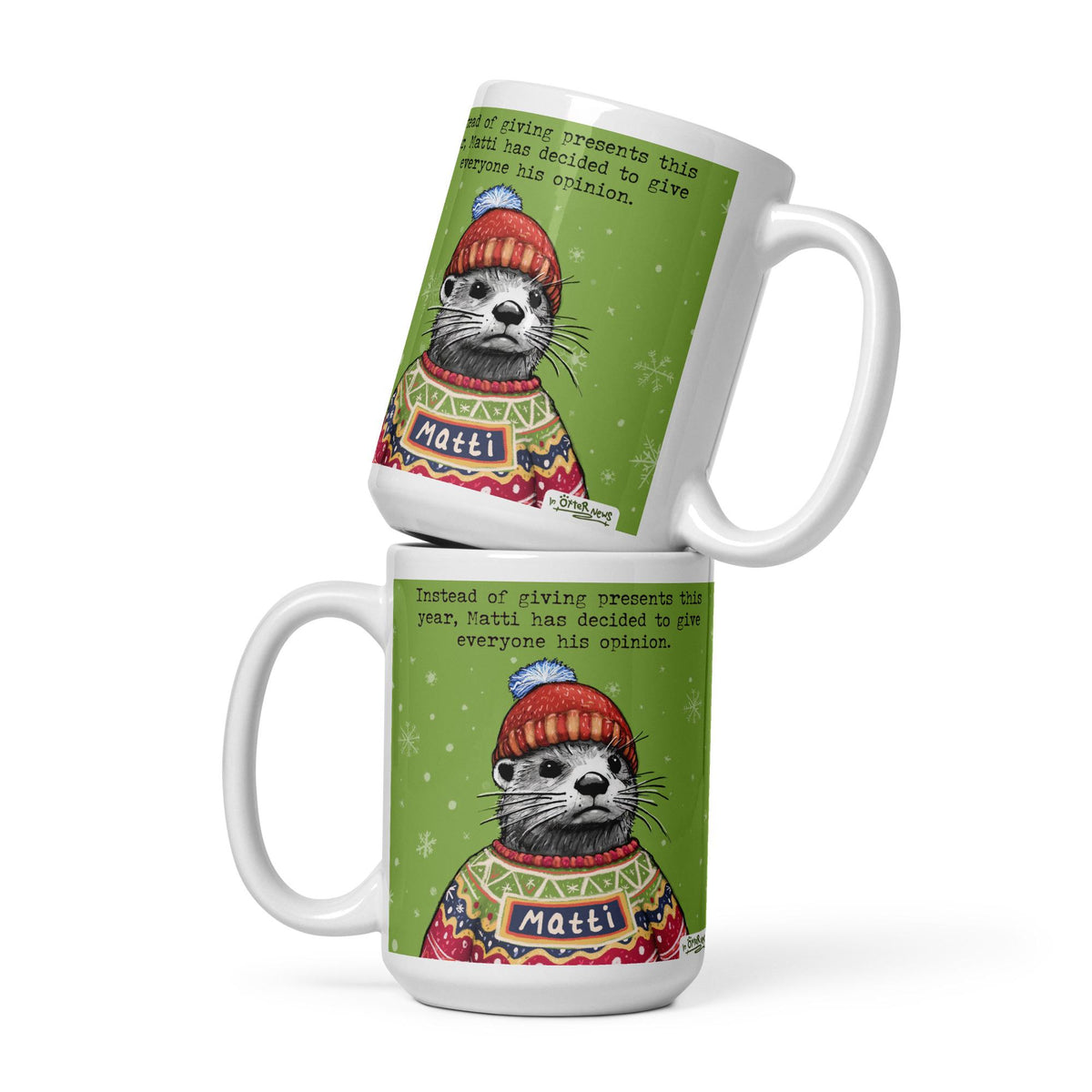 Custom Christmas Opinions Mug, example with the name Matti, Steve in his Christmas jumper