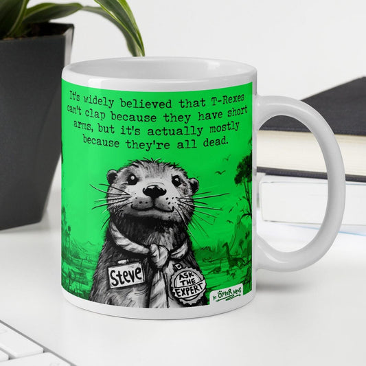 T-Rex otter mug, 11 oz, with a plant and books: Steve explains why T-Rexes can't clap