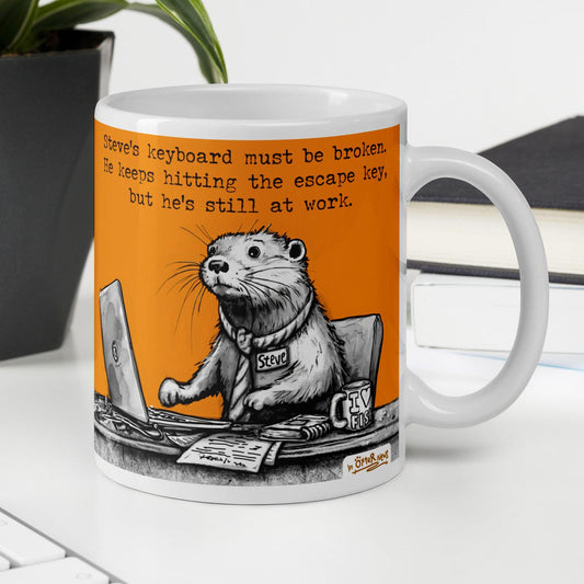 The Escape Key otter mug, 11 oz, with a plant and books: Steve hitting the escape key
