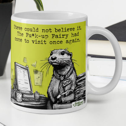 The Fu*k-Up Fairy otter mug, 11 oz, with a plant and books: Steve at his desk in disbelief