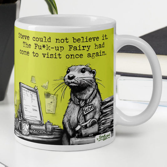 The Fu*k-Up Fairy otter mug, 11 oz, with a plant and books: Steve at his desk in disbelief