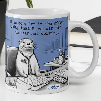 Quiet, Steve Is Working otter mug, 11 oz, with a plant and books: Steve at his desk
