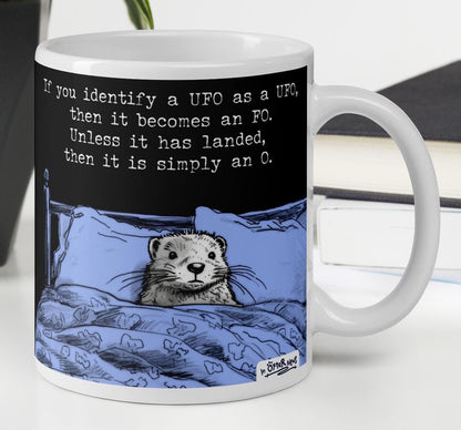 The UFO otter mug, 11 oz, with a plant and books: Steve lying awake in bed thinking about UFOs