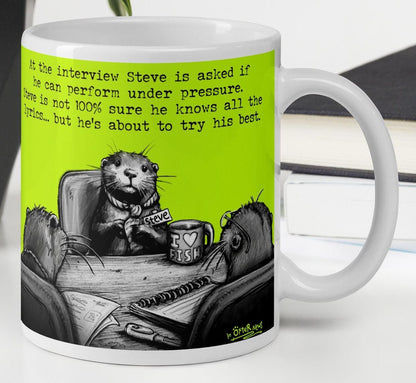 Under Pressure otter mug, 11 oz, on a desk: Steve at a job interview