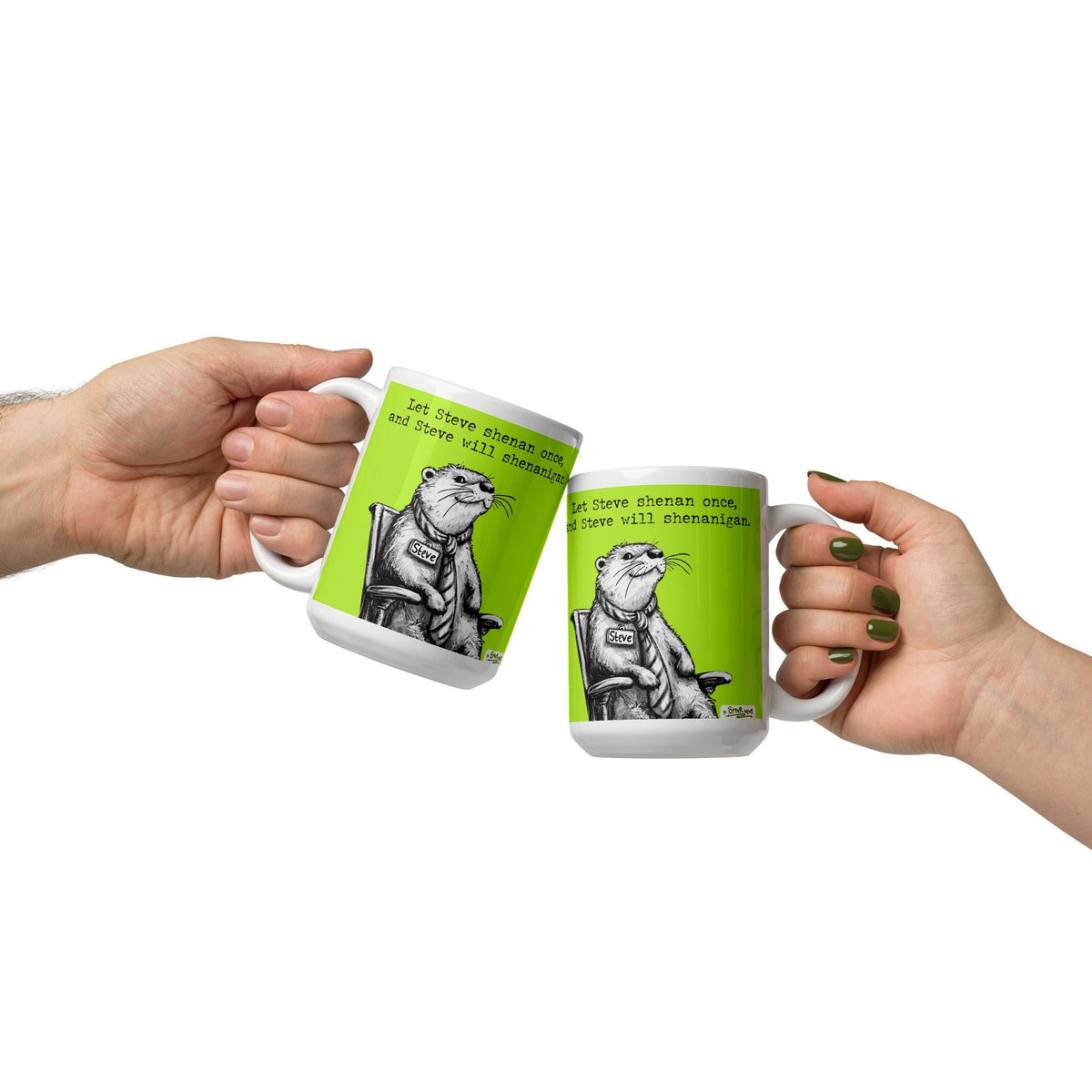 Two people clinking Shenanigans otter mugs