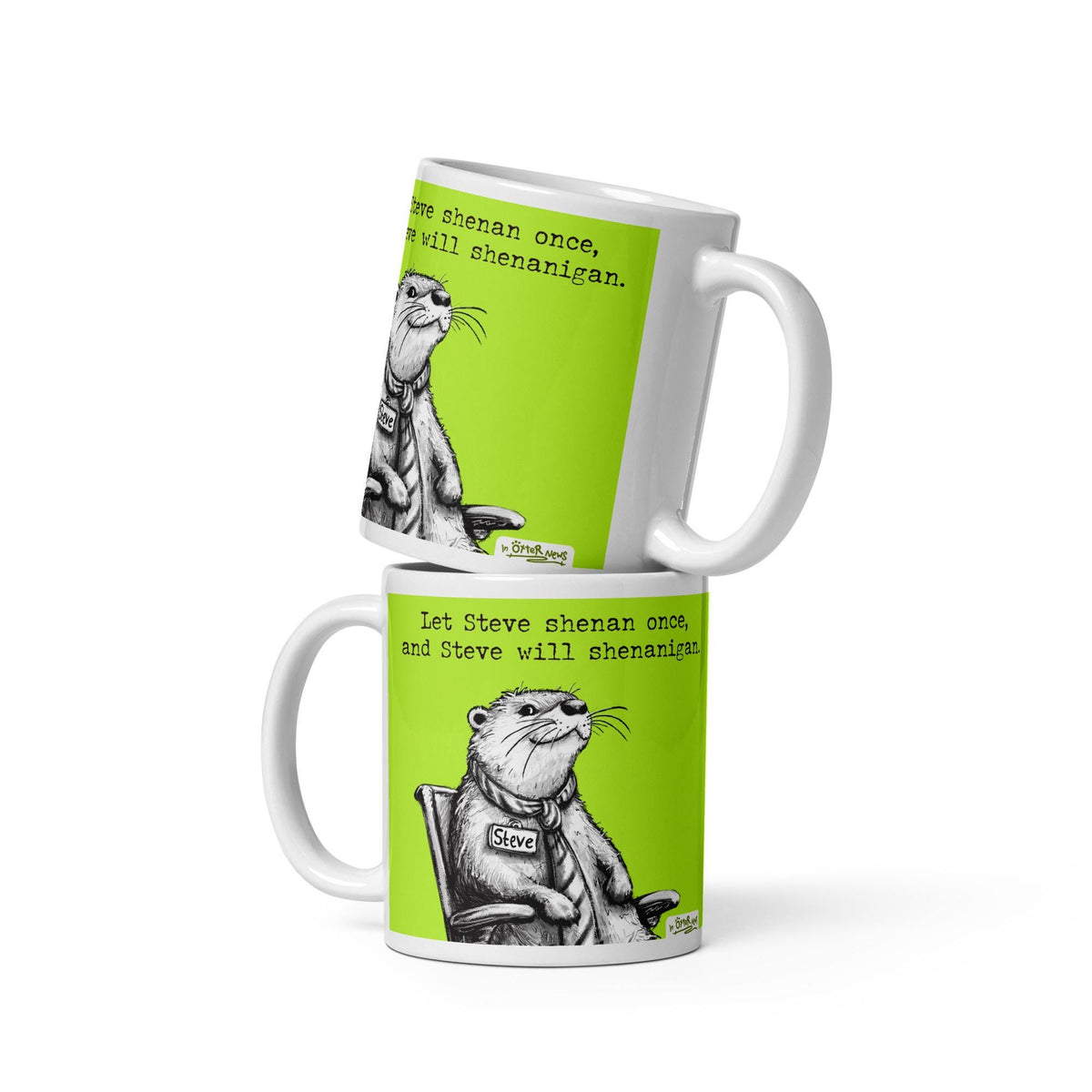 Both sizes of the Shenanigans otter mug, stacked