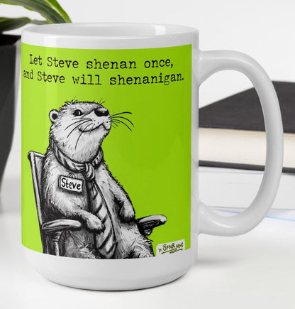 Shenanigans otter mug, 15 oz, on a desk