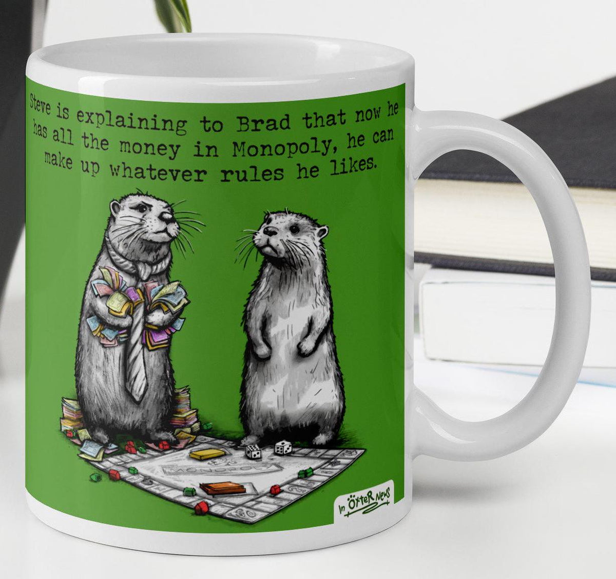 Monopoly otter mug, 11 oz, with a plant and books: Steve explaining the rules to Brad