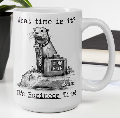 Business Time otter mug, 15 oz, with a plant and books