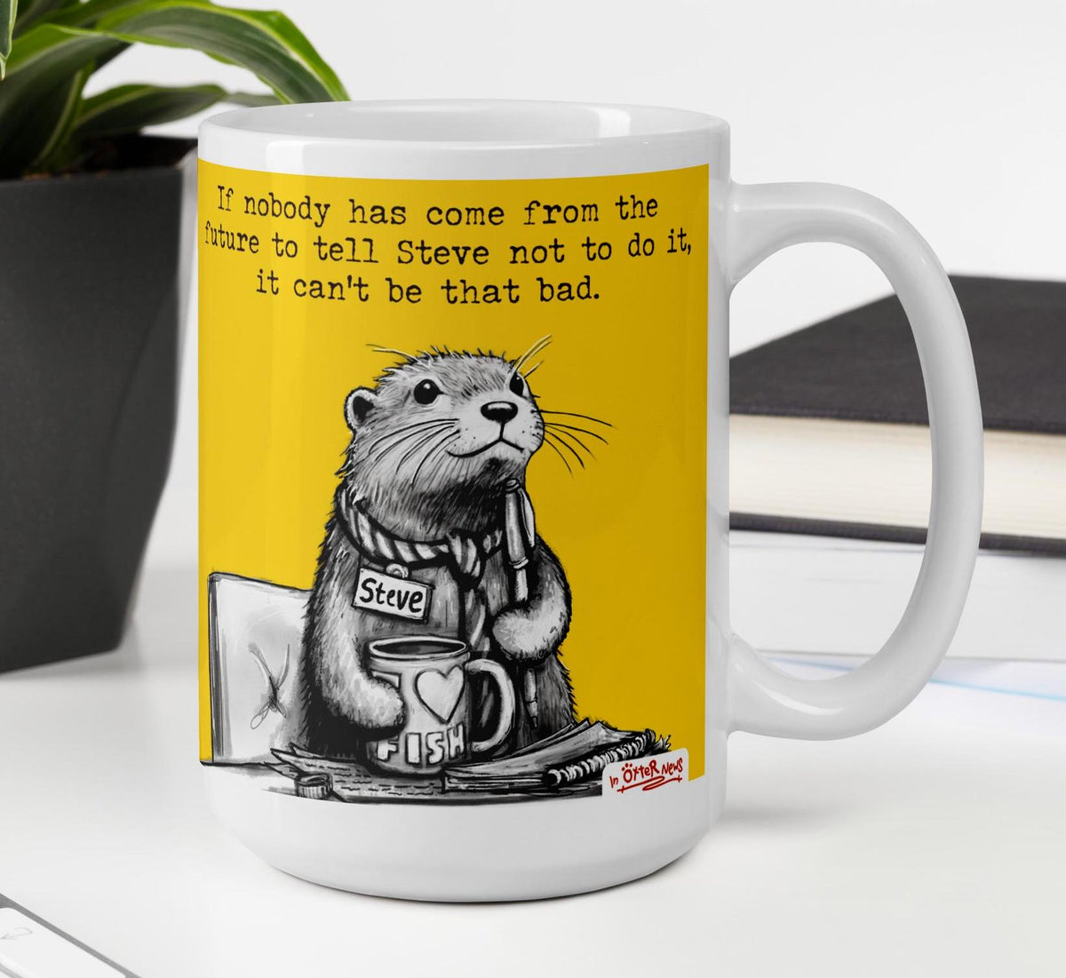 The Future otter mug, 15 oz, with a plant and books