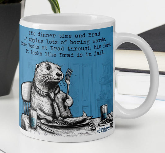 The Fork otter mug, 11 oz, with a plant and books: Steve looking at Brad through his fork