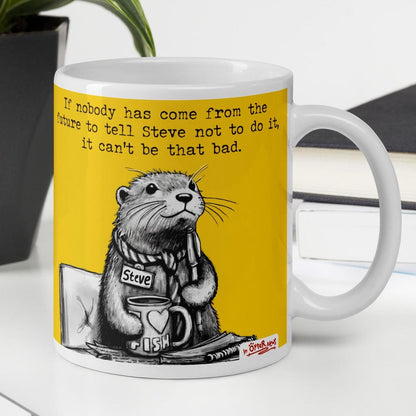 The Future otter mug, 11 oz, with a plant and books: Steve thinking it can't be that bad