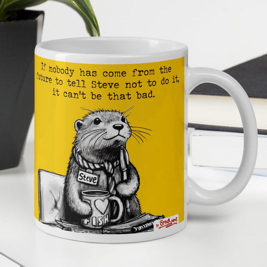 The Future otter mug, 11 oz, with a plant and books: Steve thinking it can't be that bad