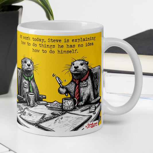 Steve Explains otter mug, 11 oz, with a plant and books: Steve explaining things to Brad
