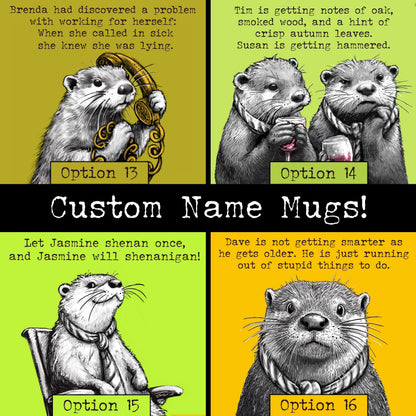 Custom name otter mugs: four artworks shown with example names in place of Steve