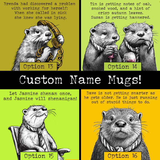 Custom name otter mugs: four artworks shown with example names in place of Steve
