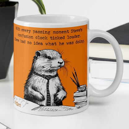 Confusion Clock otter mug, 11 oz, with a plant and books: Steve's confusion clock ticking louder