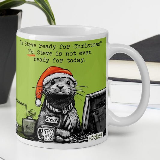 Ready For Christmas otter mug, 11 oz, with a plant and books: Steve in a Santa hat