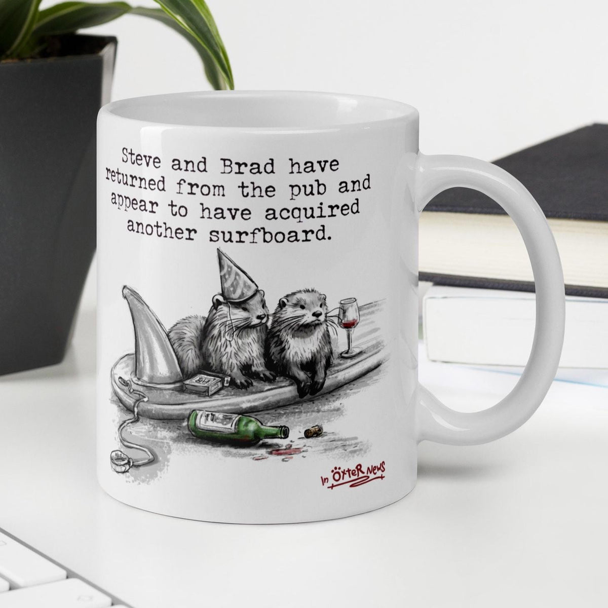 Return From The Pub otter mug, 11 oz, with a plant and books: Steve and Brad with a surfboard