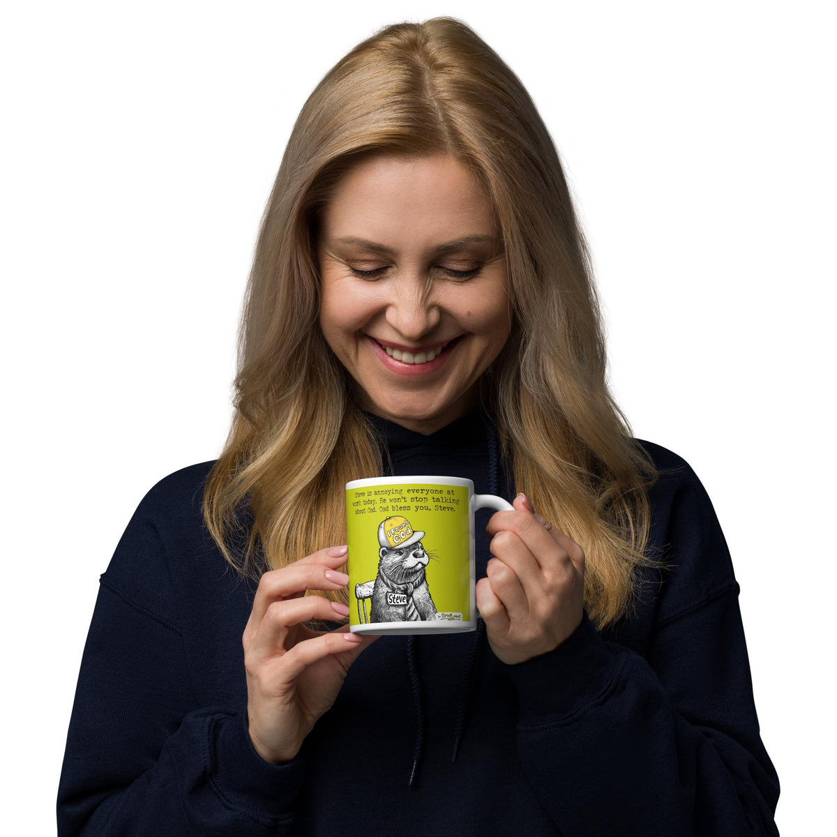 Woman enjoying a drink from the Finding Cod mug