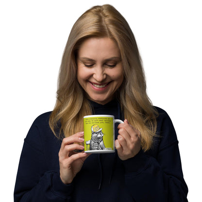 Woman enjoying a drink from the Finding Cod mug