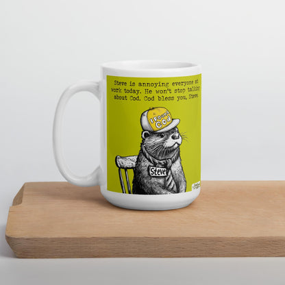 Finding Cod mug on a wooden board, side view