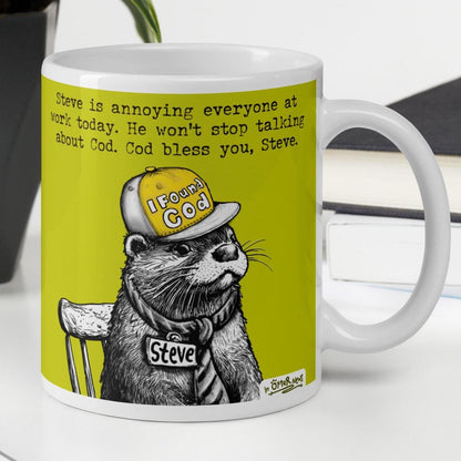 Finding Cod otter mug, 11 oz, with a plant and books: Steve won't stop talking about Cod