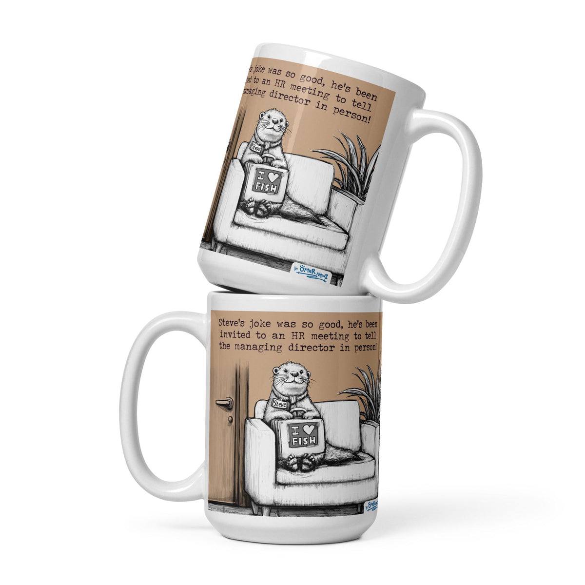 The Joke mug in both sizes, stacked