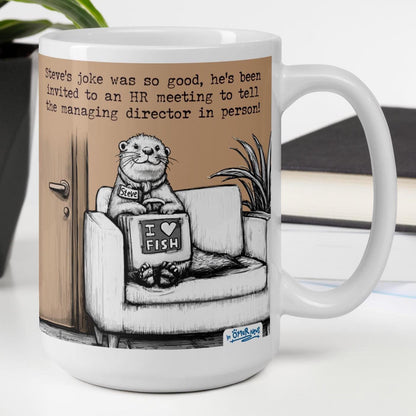 The Joke otter mug, 15 oz, with a plant and books