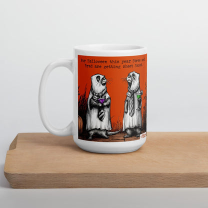 Sheet Faced mug on a wooden board