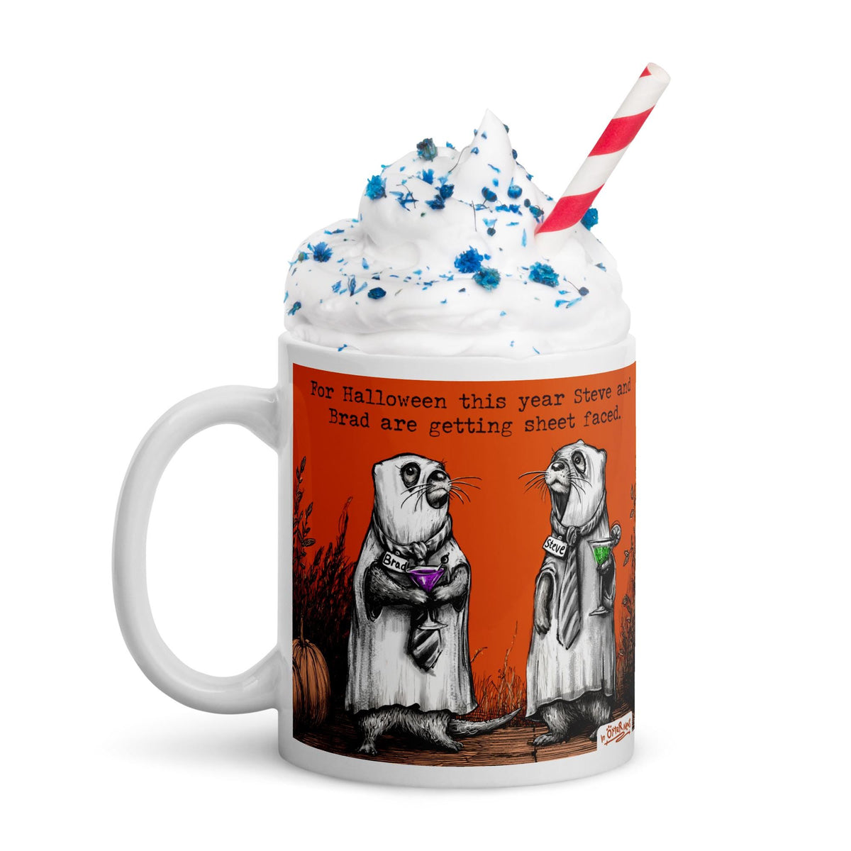 Sheet Faced mug topped with whipped cream and sprinkles