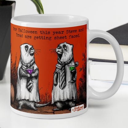 Sheet Faced otter mug, 11 oz, with a plant and books: Steve and Brad dressed as ghosts