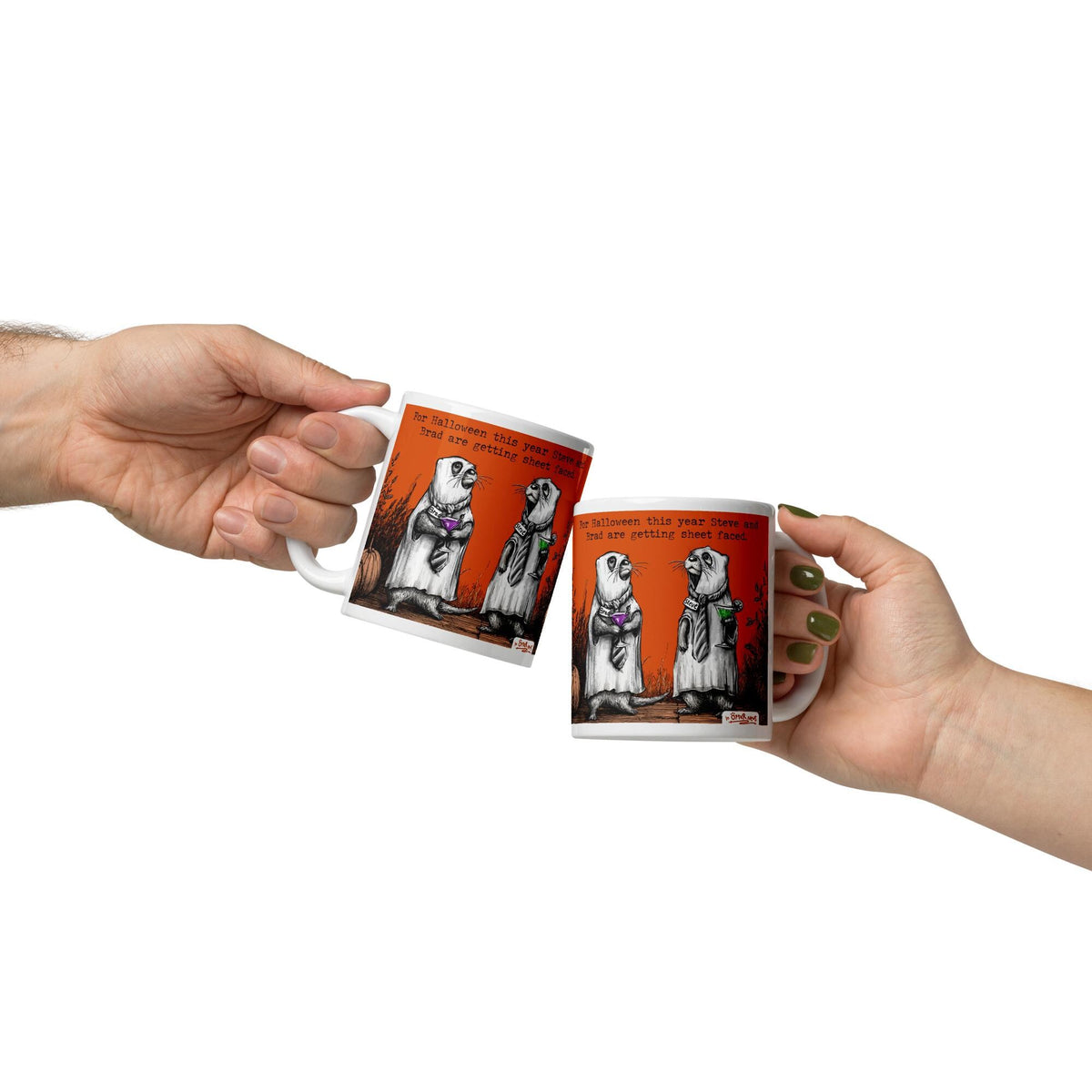 Two Sheet Faced mugs being passed between hands