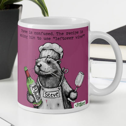 Leftover Wine otter mug, 11 oz, with a plant and books: Steve the chef holding wine and a glass
