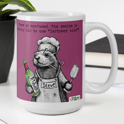 Leftover Wine otter mug, 15 oz, with a plant and books